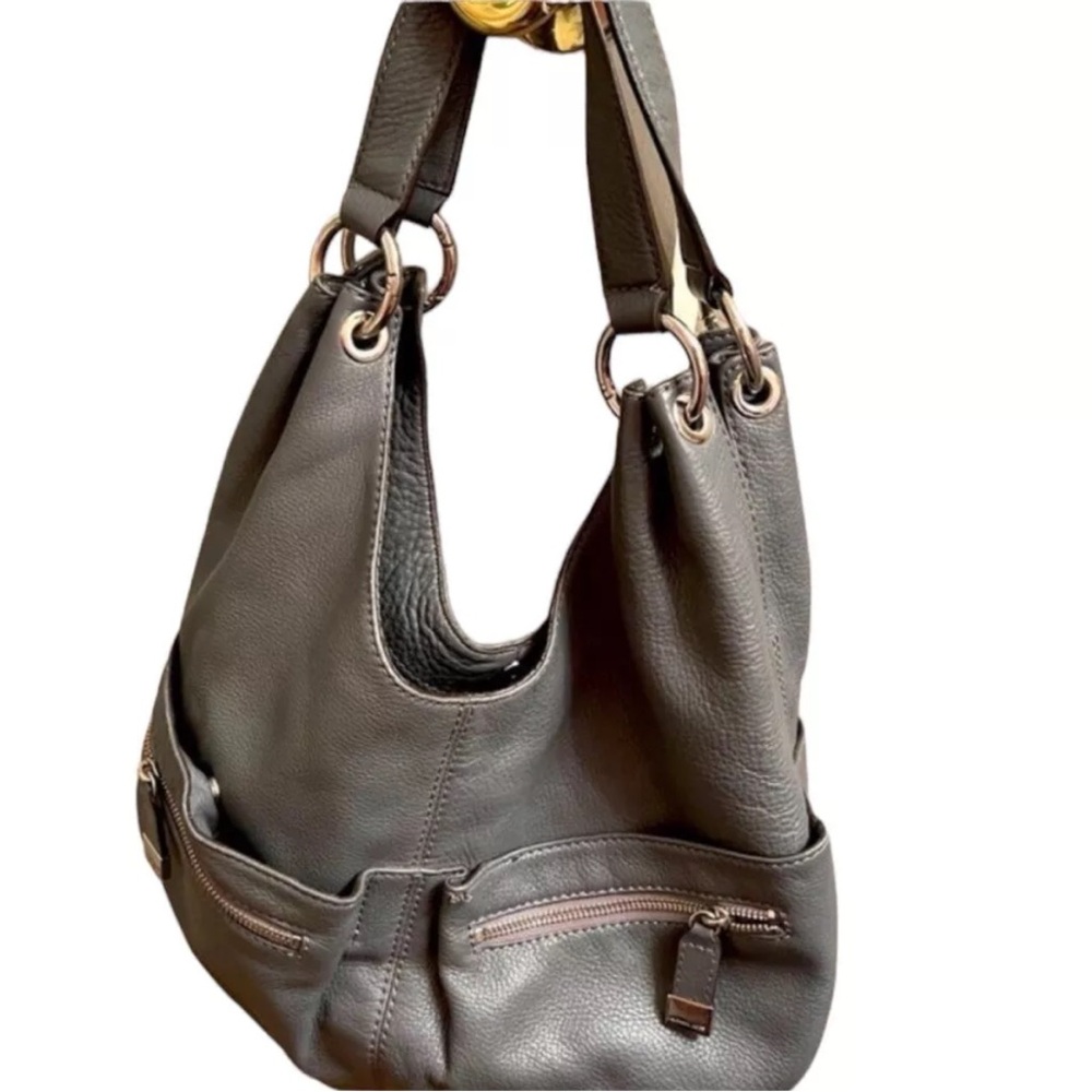 Vtg Michael Kors Hobo Purse Pearl Grey Silver Leather Huge Tote Shoulder Bag